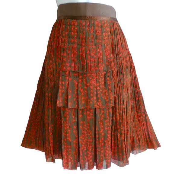 SiLK Express Design Studio Pleated Ruffle Layer Skirt Zip Back Orange Green 2 - Picture 1 of 8